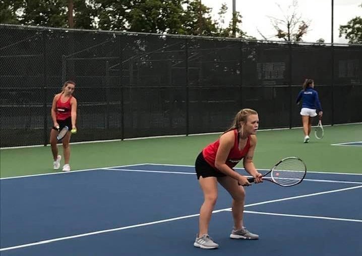 Jaycee C. and Stephanie S. playing #2 Doubles at Hesston - Photo Courtesy Jean Soukup